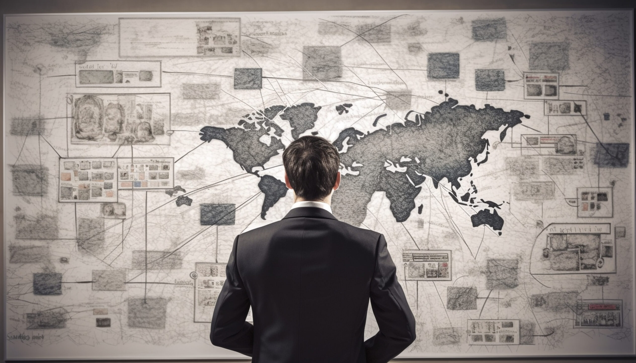 Young businessman standing, holding world map chart generated by artificial intelligence